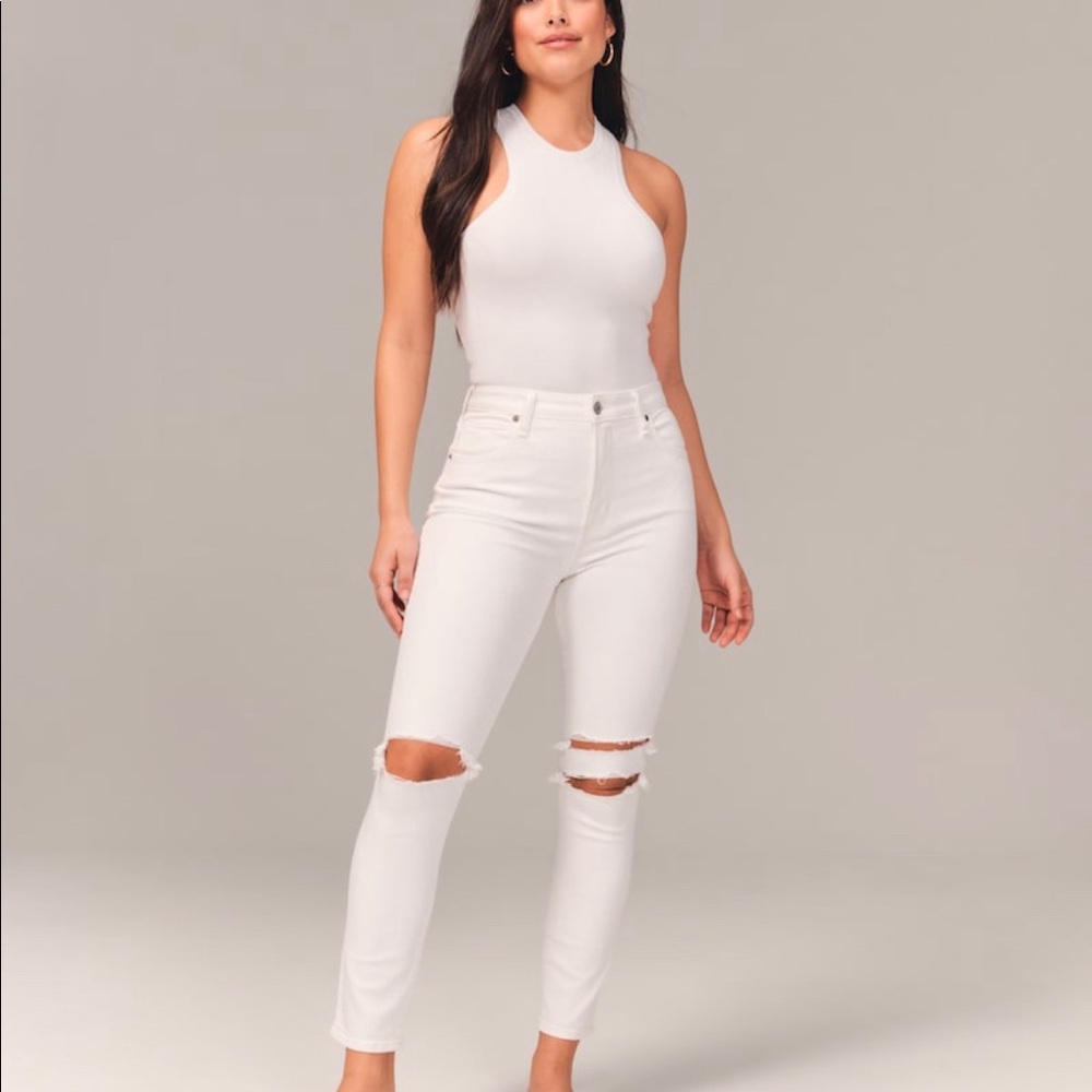 Abercrombie & Fitch high rise, skinny, ripped white jean